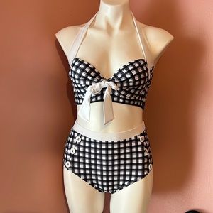 Vintage style, plaid navy blue and white 2 piece swimsuit M